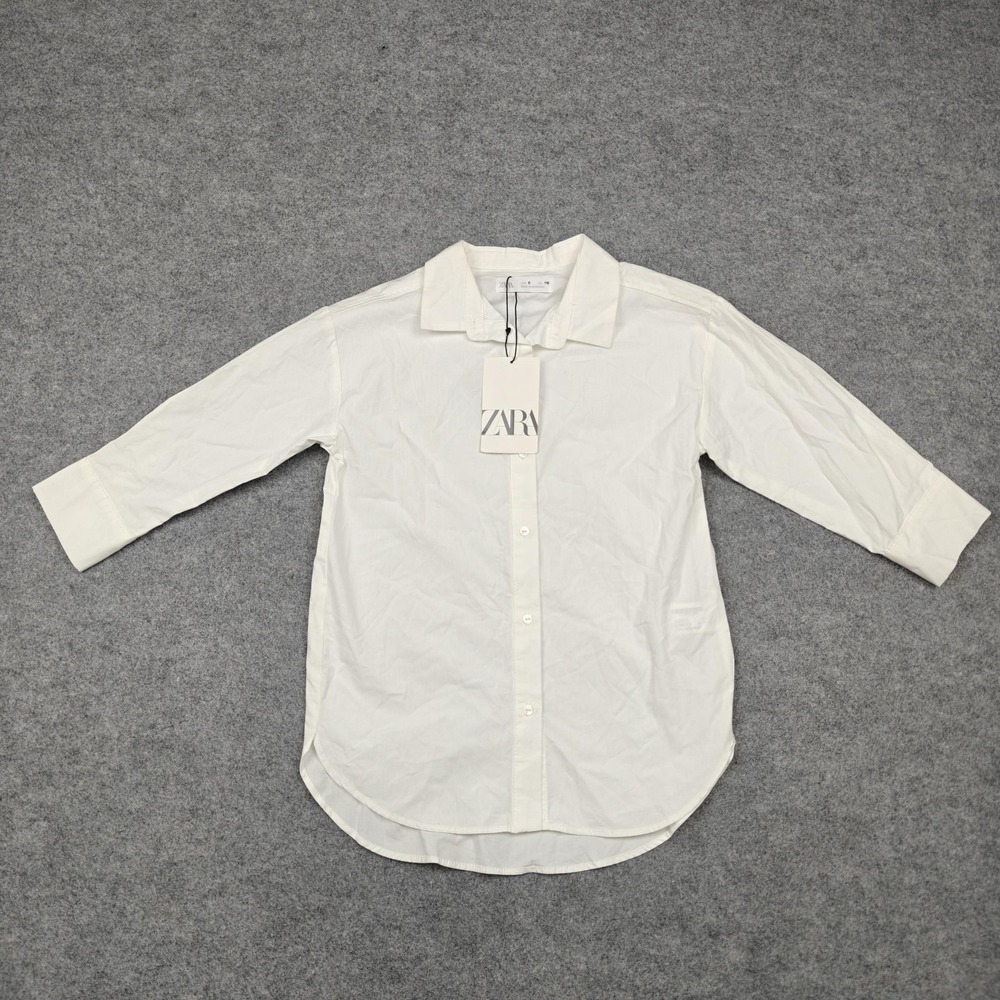 ZARA Shirt Kids 6 White 100% Cotton Long Sleeve Button Front Collared Dress Top